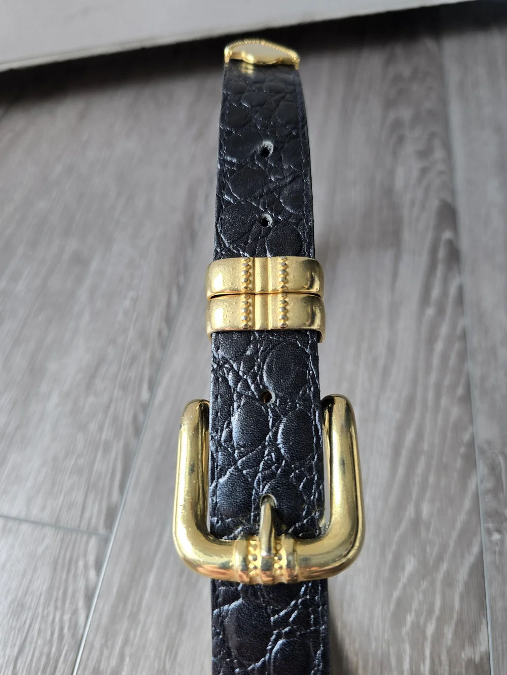Vintage 90s Black Croc Embossed Leather Belt Chunky Gold Western Buckle USA M